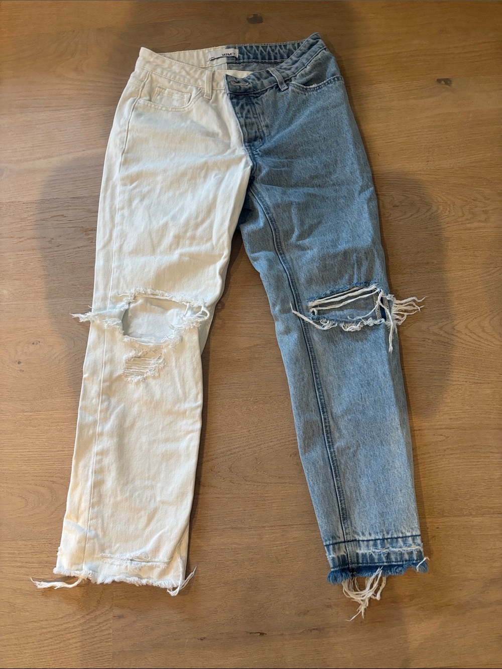 Two-Tone White and Blue Distressed Women's Jeans